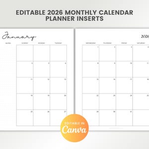 Editable 2026 Monthly Calendar Printable, Canva Planner Inserts, 2 Page Monthly Layout, Dotted Lined Grid Notes, Undated Calendar Pages