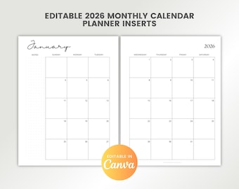 Calendario mensile 2026 modificabile e stampabile, inserti per agenda Canva, layout mensile di 2 pagine, griglia a righe punteggiate per appunti, pagine del calendario senza data.