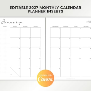 Calendário Mensal Editável 2026-2027 para Imprimir, Inserções para Planejador Canva, Layout Mensal de 2 Páginas, Anotações com Grade Pontilhada, Páginas de Calendário Sem Data