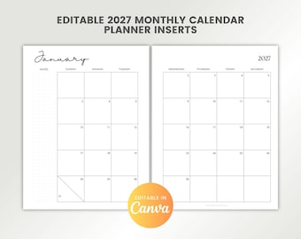 Editable 2026-2027 Monthly Calendar Printable, Canva Planner Inserts, 2 Page Monthly Layout, Dotted Lined Grid Notes, Calendar Pages
