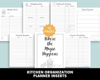 Inserti per la pianificazione dell'organizzazione della cucina, pianificatore dei pasti stampabile, tracker dell'inventario della dispensa, pagine per raccoglitore di ricette, PDF per la gestione della casa