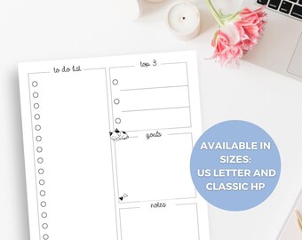 Lista delle cose da fare stampabile, pagina per agenda giornaliera, 3 priorità principali, obiettivi e note, inserto minimalista per agenda, formato US Letter, HP Classic