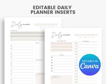Editable Daily Planner Inserts, Canva Daily Planner Pages, Printable Planner Inserts, Minimal Neutral Planner, To Do List Schedule