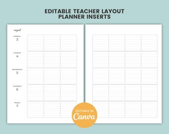 Inserti modificabili per l'agenda dell'insegnante, programma settimanale delle lezioni, modello Canva, orario di insegnamento stampabile, pagine per la pianificazione della classe.