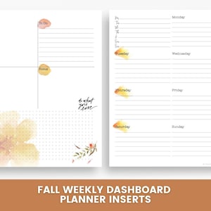 Op de afbeelding: Een plannerinzet van twee pagina's met een herfstthema. De linkerpagina heeft secties voor doelen, taken, maaltijden en focus, met een bloemmotief en de tekst "do what you love". De rechterpagina is een wekelijkse indeling.