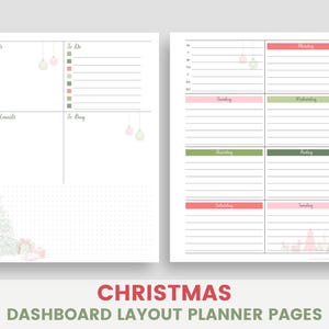May include: Two-page Christmas-themed planner pages. The left page has sections for errands, calls/emails, notes, to-do, and to-buy. The right page is a weekly layout with days of the week. Both pages have Christmas tree and ornament illustrations.