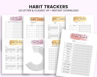 Habit Tracker Printable Bundle, Monthly Weekly Daily Habit Tracker, 100 Day Challenge, Yearly Tracker, Planner Inserts PDF