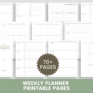 May include: A collection of white weekly planner printable pages featuring various layouts with black lines, grids, and text headers. A dark brown starburst graphic in the centre displays the white text 70+ PAGES. The overall design is clean and organised.