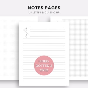 以下が含まれることがあります： NOTES PAGES US LETTER & CLASSIC HPと記された3枚の白い紙。1枚はドットグリッド、1枚は横罫線、もう1枚は方眼グリッドです。中央のピンク色の円にはLINED, DOTTED & GRIDというテキストが表示されています。