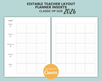 Modèles modifiables pour agenda enseignant, planificateur de cours hebdomadaire, modèle Canva, emploi du temps imprimable, pages de planification de classe