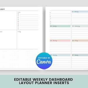 May include: A two-page planner insert with a white background. The left page is for January, with sections for lists and notes. The right page is a weekly layout for 2026, with days of the week and space for notes. The text "Editable in Canva" is visible.