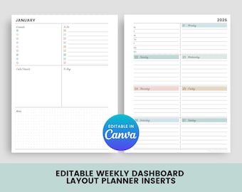 Editable Weekly Dashboard Planner | Canva Weekly Planner Template | US Letter Planner Insert | Custom Weekly Planning Pages