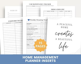 Home Management Planner Inserts Printable, Household Binder Kit, Cleaning Tracker, Password Log, Home Organization Pages