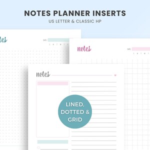 Puede incluir: Hojas de notas para agenda con el texto NOTES PLANNER INSERTS US LETTER & CLASSIC HP. Las páginas presentan varios diseños, incluyendo secciones punteadas, cuadriculadas y rayadas con detalles en rosa y azul, campos de fecha y la palabra notes.