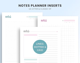 Notes Planner Inserts Printable, Lined Notes Pages, Dot Grid Paper, Graph Paper, Planner Notes, Printable Planner Pages