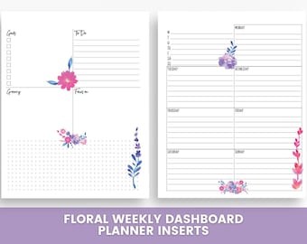 Floral Weekly Dashboard Planner Insert, Weekly Planner Pages, To Do List, Goals Tracker, Grocery List, Motivational Dashboard