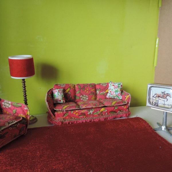 Vintage Lundby dolls house furniture lounge, sofa, television, lamp.