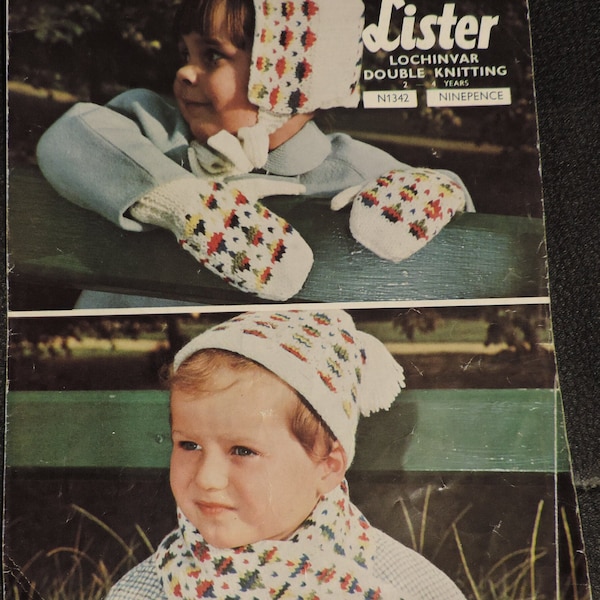 Vintage knitting pattern childrens bonnet, hat, mittens and scarf Lochinvar Double knitting