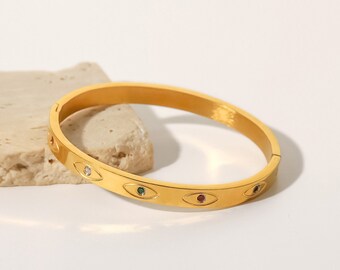 Evil Eye Zircon Bangle Gold | Eyes Stone Bangle Bracelet | Minimalist Bracelet | Gemstone Bangle | Women Bracelet | Jewelry Gift for Her