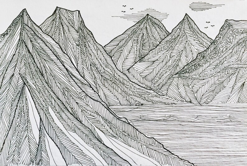 Original Framed pen and ink Illustration wall art Peaks