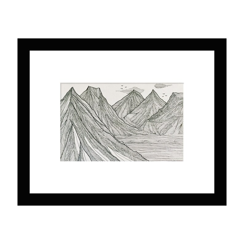 Original Framed pen and ink Illustration wall art Peaks