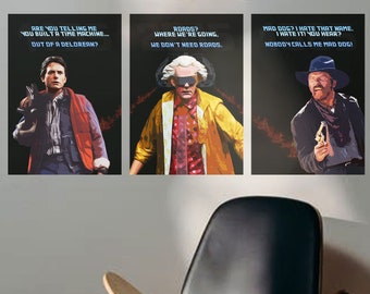 Back to the Future Trilogy Digital Art Prints: A3 and A4 Movie Posters featuring Doc Brown, Marty McFly, and Biff Tannen
