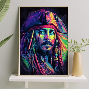 May include: A colorful portrait of a pirate with long, flowing hair and a bandana. The image is rendered in a vibrant neon color palette.
