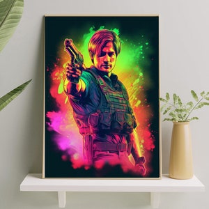 Leon Kennedy A4 Neon Digital Art Print, Self-Print Resident Evil Gaming Decor for Fans & Game Rooms