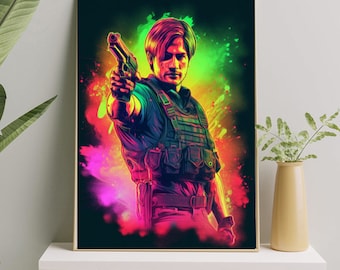 Leon Kennedy Neon Art Print: Resident Evil Gaming Decor (A4 Digital Download)