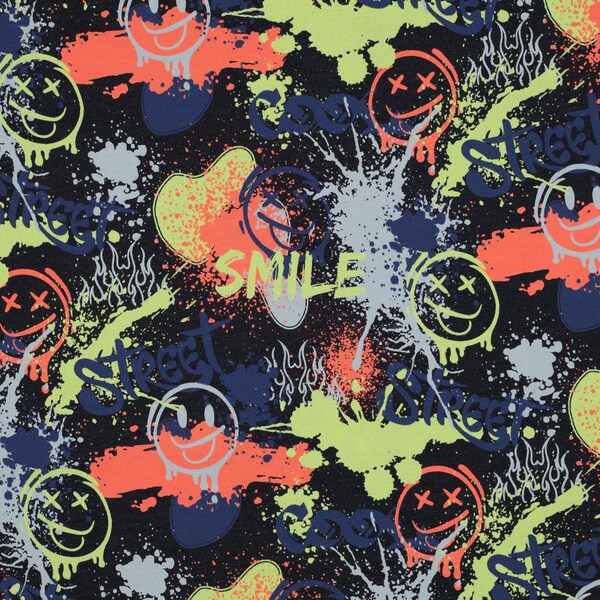 Graffiti Neon Indigo Melange JERSEY Baumwolljersey Kinderstoff Meterware Kinder JB039