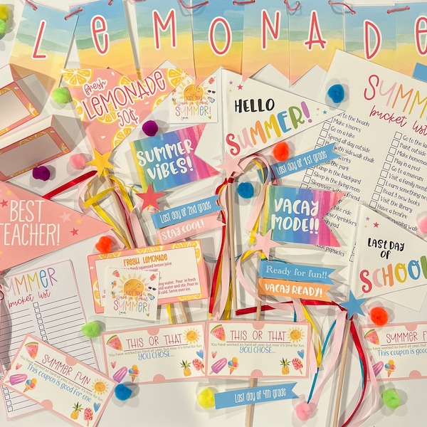 Summer bundle end of school year pennant flag gift tags lemonade stand this or that bucket list pack