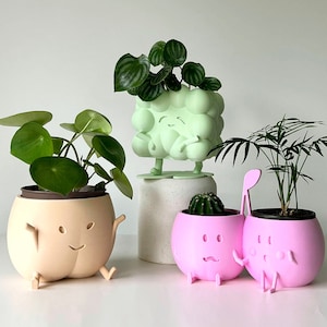 Op de afbeelding: Vier verschillende karaktervormige potten met planten. Een lichtgroene pot met een glimlachend gezicht en een plant met groene bladeren. Een lichtroze pot met een glimlachend gezicht en een cactus. Een lichtroze pot met een glimlachend gezicht en een plant met groene bladeren. Een lichtbeige pot met een glimlachend gezicht en een plant met groene bladeren.