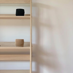 May include: A wooden ladder shelf with two shelves, one with a black planter and the other with a light brown planter.