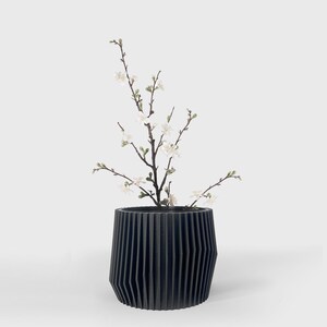 May include: A black, ribbed ceramic planter with a small branch of white blossoms.
