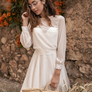 Autumn Wedding Dress Long Sleeves, Elegant Bridal Dress with Cape, Gode Gown, Crepe Wedding Dress 2 in 1 Wedding Dress JASMINE