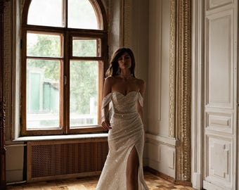 Glamorous Ivory  Beige Beaded Mermaid Dress with Sequins, Slit, and Sweetheart Neckline