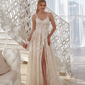 Beige Wedding Dress, Lace Wedding Dress with Spaghetti Straps V-necklace and Split on the leg TAMARA