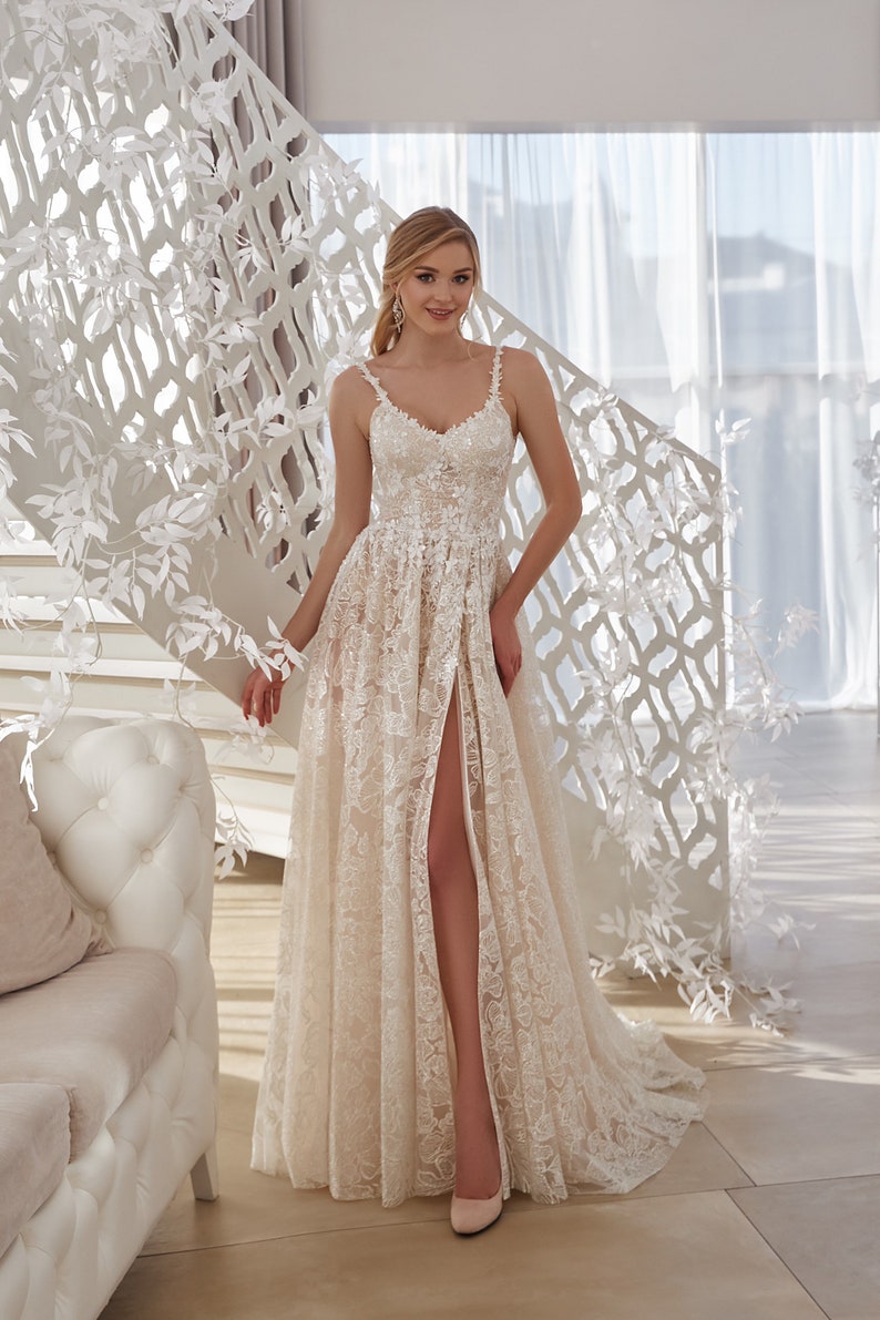 Beige Wedding Dress, Lace Wedding Dress with Spaghetti Straps V-necklace and Split on the leg TAMARA image 1