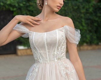 Beige Off Shoulders Tulle Wedding Dress decorated with Beaded Lace