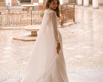 Dreamy Chiffon Wedding Cape + Crepe Trumpet Wedding Dress with Long Train Floral Lace  Ivory Wedding Dress Plus Size available 2 in 1