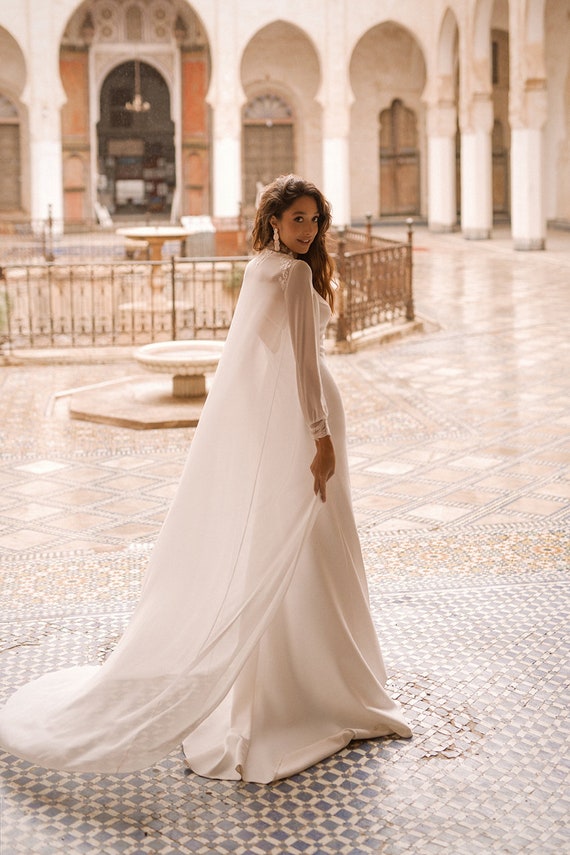 Floral Lace Chiffon Wedding Cape With Crepe Trumpet Dress - Etsy Floral Lace Chiffon Wedding Cape With Crepe Trumpet Dress - Etsy