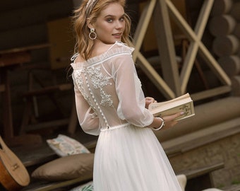 Autumn Wedding Dress with  Long Sleeves and Soft Tulle Wedding Dress , Beaded Lace Appliqué Romantic Gown