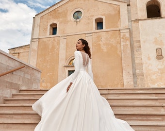 Vestido de novia de otoño manga larga, elegante vestido de novia, vestido de Gode, vestido de satén, novia de estilo A linea, vestido de novia Desighner, bidal de boda