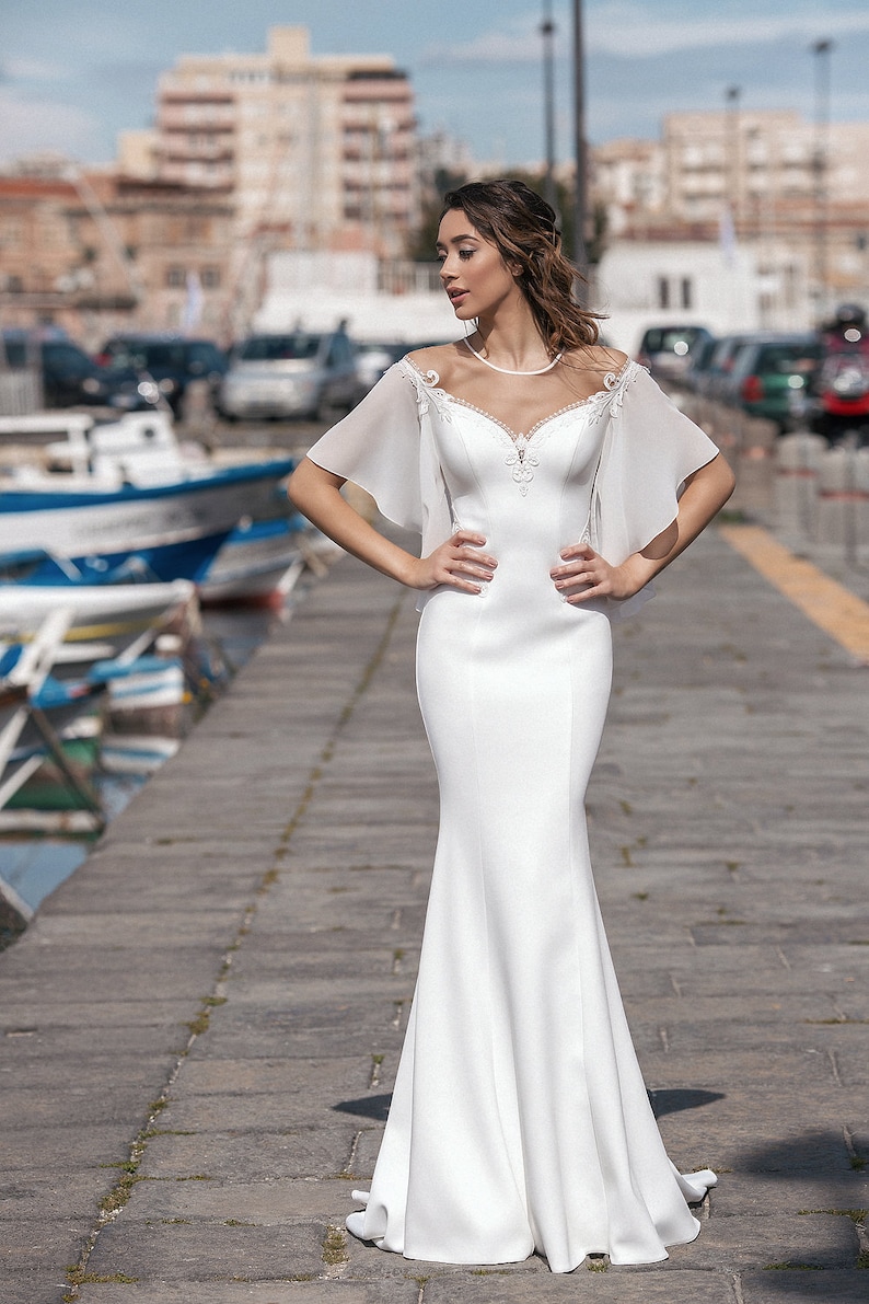 DIANA Crepe Wedding dress Mermaid Style Elegant Wedding Dress Simple Gown with Long Sleeves Bohemian Wedding dress image 2