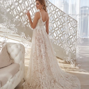 Beige Wedding Dress, Lace Wedding Dress with Spaghetti Straps V-necklace and Split on the leg TAMARA image 3