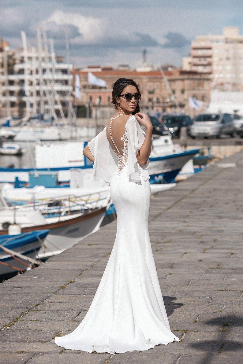 DIANA Crepe Wedding dress Mermaid Style Elegant Wedding Dress Simple Gown with Long Sleeves Bohemian Wedding dress image 4