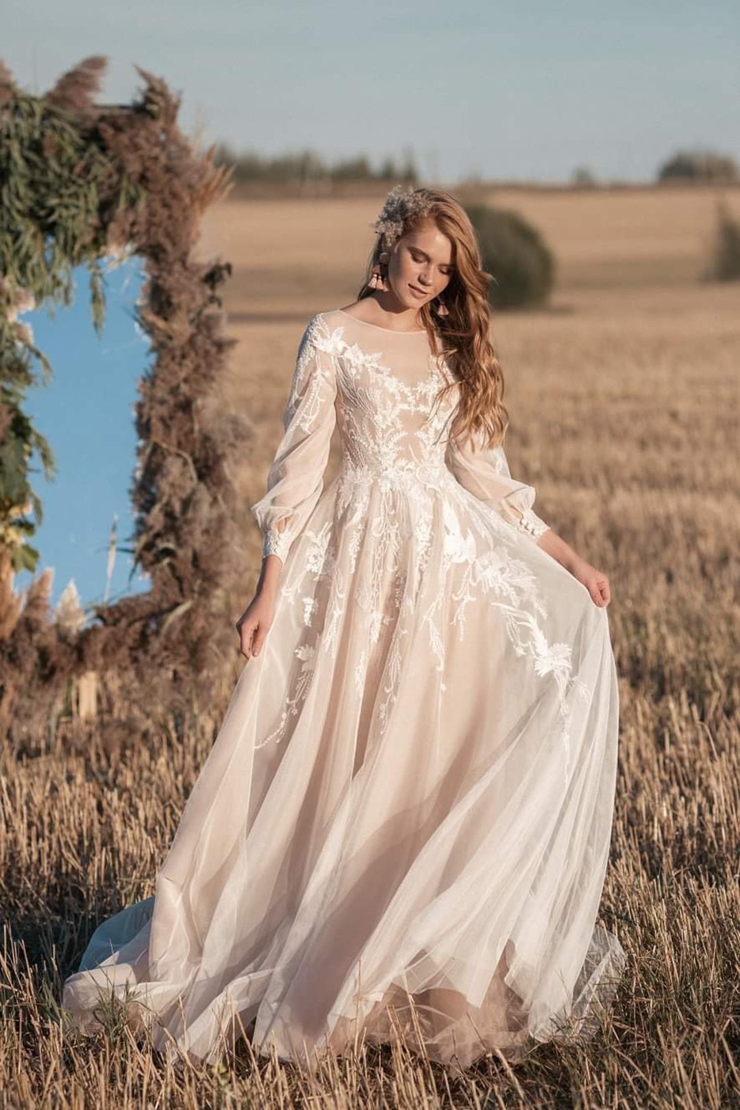Autumn Wedding Dress Plus Size Available Ombre Wedding Dress With Long Sleeves and Floral Beaded Lace Gown Tulle Wedding Dress With Train Etsy