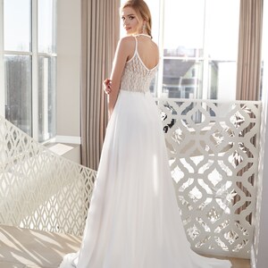 Sexy Wedding Dress, Beach Wedding, Bodies Wedding Dress Short Wedding Dress with Chiffon Skirt Open V neck Gown SIMA image 3