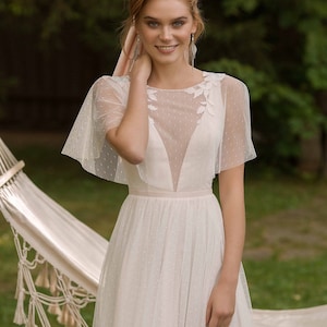 Peach/Pink Deep V Neckline Wedding Dress Unique Polka dot Wedding Dress with Lace Corset Tulle A line Wedding Dress  AILA with Long Train