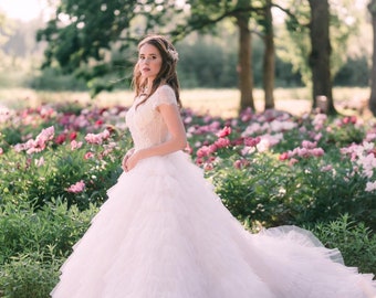 Unique Bridal Dress Ruffle Wedding Dress Modern Wedding Dress with Lace Summer Wedding Gown with  Open Back Wedding Dress Tulle Gown